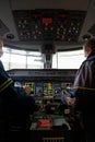 Kyiv, Ukraine - November 25, 2020: Embraer aircraft cockpit. Pilots in medical masks. Technicians diagnose, repair and service the