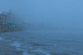 Foggy landscape view of Kyiv River Port. The concept of foggy weather in the city