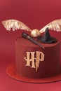 Harry Potter cake on the burgundy red background. Birthday magic cake with red velvet chocolate Royalty Free Stock Photo