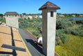 Roof OSB sheathing waterproofed with tar and underlayment and covered with asphalt shingles. A