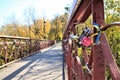 Kyiv, Ukraine-Oct 2019: Locks hanging on the bridge of lovers