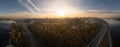 Kyiv, Ukraine - 15 October 2018: Aerial panoramic view of city at sunset. Motherland statue close to center of picture Royalty Free Stock Photo