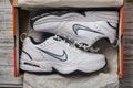 Beautiful new Nike Air Force white mens sneakers in box, close up, top view