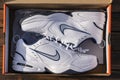 Beautiful new Nike Air Force white mens sneakers in box, close up, top view