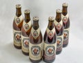 Franziskaner Weissbier bottles closeup against white background. Kyiv, Ukraine