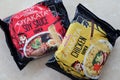 KYIV, UKRAINE - OCTOBER 31, 2023 Packs of of Ajinomoto Oyakata Japanese instant noodles chicken ramen and soy sauce Royalty Free Stock Photo