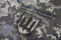 KYIV, UKRAINE - October 6, 2022. Russian invasion in Ukraine 2022. Ukraine Army uniform insignia badges. Text in Ukrainian - Armed