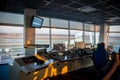 Kyiv, Ukraine - October 18, 2019: Soft focus. The workplace of an air traffic controller. Background - Airport Dispatch