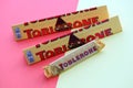 KYIV, UKRAINE - OCTOBER 31, 2023 Yellow Toblerone Chocolate Bar. Toblerone originated in Switzerland around 1908