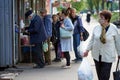 Kyiv, Ukraine, 02.05.2020: A queue of elderly men wearing medical masks at the entrance to the store. to hold a distance. Don `t