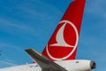 KYIV, UKRAINE - SEPTEMBER 10, 2019: Aircraft tail of Turkish Airlines. One of the largest air carriers in the world