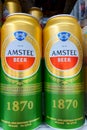 Kyiv, Ukraine, September 24, 2023: - Amstel beer brand stacked in tin cans on shelf in supermarket