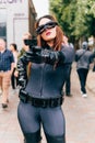 KYIV, UKRAINE - SEPTEMBER 23, 2018: Catwoman cosplayer posing
