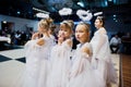 Kyiv, Ukraine - September 1, 2019: Childrens angels in white dresses at Christmas event