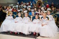 Kyiv, Ukraine - September 1, 2019: Childrens angels in white dresses at Christmas event