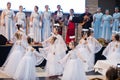 Kyiv, Ukraine - September 1, 2019: Childrens angels in white dresses at Christmas event