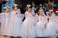 Kyiv, Ukraine - September 1, 2019: Childrens angels in white dresses at Christmas event