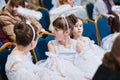 Kyiv, Ukraine - September 1, 2019: Childrens angels in white dresses at Christmas event