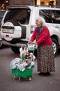 Kyiv, Ukraine. September 14, 2012. An elderly woman asks for help feeding pets. Street photo, the problem of poverty