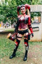 KYIV, UKRAINE - SEPTEMBER 23, 2018: Harley Quinn cosplayer posing