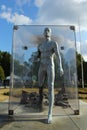 Interactive sculpture of a man at Expocenter. It changes its color to blue when touched by peo