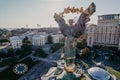 Kyiv, Ukraine - September, 2021: Maidan Nezalezhnosti square - aerial drone view. Monument of Independence - Berehynia