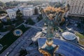 Kyiv, Ukraine - September, 2021: Maidan Nezalezhnosti square - aerial drone view. Monument of Independence - Berehynia