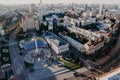Kyiv, Ukraine - September, 2021: Maidan Nezalezhnosti square, Khreshchatyk and Dnieper river - aerial drone view. Flight