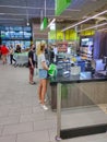 Kyiv, Ukraine - September 6, 2020: Row of cashier and cash desk in a supermarket Novus at Ukraine