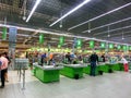 Kyiv, Ukraine - September 4, 2019: Row of cashier and cash desk in a supermarket Novus at Ukraine