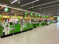 Kyiv, Ukraine - September 6, 2020: Row of cashier and cash desk in a supermarket Novus at Ukraine