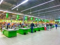 Kyiv, Ukraine - September 4, 2019: Row of cashier and cash desk in a supermarket Novus at Ukraine