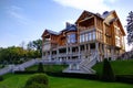 Kyiv, Ukraine - September 22, 2017: Wooden Honka house in Mezhyhirya, former private residence of ex-president Viktor Yanukovich