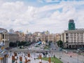 Kyiv. Ukraine. Summer 2018. Independence Square. Maydan Nezalezhnosti with monument and hotel Ukraina with flag and fountain