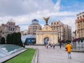 Kyiv. Ukraine. Summer 2018. Independence Square. Maydan Nezalezhnosti with monument and hotel Ukraina with flag and fountain