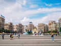 Kyiv. Ukraine. Summer 2018. Independence Square. Maydan Nezalezhnosti with monument and hotel Ukraina with flag and fountain