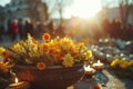 kyiv, ukrainians celebrate orthodox easter near church in may , lens flare, yellow and golden