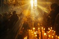 kyiv, ukrainians celebrate orthodox easter near church in may , lens flare, yellow and golden