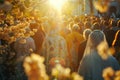 kyiv, ukrainians celebrate orthodox easter near church in may , lens flare, yellow and golden