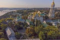 Kyivo-Pecherska Lavra and the Dnipro River , at sunrise tim