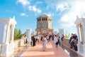 Kykkos, Cyprus - August 18, 2022: Crowd of tourists visiting Throni of Panagia Kykkou at Kykkos Monastery