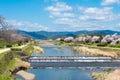 Beautiful scenic view from Kamo River Kamo-gawa in Kyoto, Japan. The riverbanks are popular walking Royalty Free Stock Photo