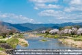 Beautiful scenic view from Kamo River Kamo-gawa in Kyoto, Japan. The riverbanks are popular walking Royalty Free Stock Photo