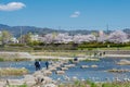 Beautiful scenic view from Kamo River Kamo-gawa in Kyoto, Japan. The riverbanks are popular walking Royalty Free Stock Photo