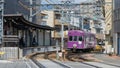 Keifuku Electric Railroad Type 101 on Arashiyama Line view from near Saiin Station in Kyoto, Japan Royalty Free Stock Photo