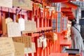 Kyoto, Japan - Apr 17, 2019 : Selective focus of Beautiful small wooden wishing plaques at Fushimi Inari shrine Kyoto, Japan