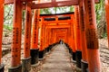 Kyoto, Japan - December 27, 2009: Orange wooden torii tunnel in Fushimi Inari Taisha Shrine. It is one of the most famous place