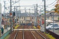 Kyoto, Japan - 01/03/2020 : Japanese railway with a local train run through city. Tourist attraction in travel and transportation