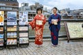 Kyoto, Japan, 04/05/2017. Japanese women in kimono on a city street