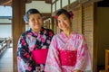 KYOTO, JAPAN - JULY 05, 2017: Close up of two beatiful Japanesse girls posing for camera in Hojo Hall of Tenryu-ji in